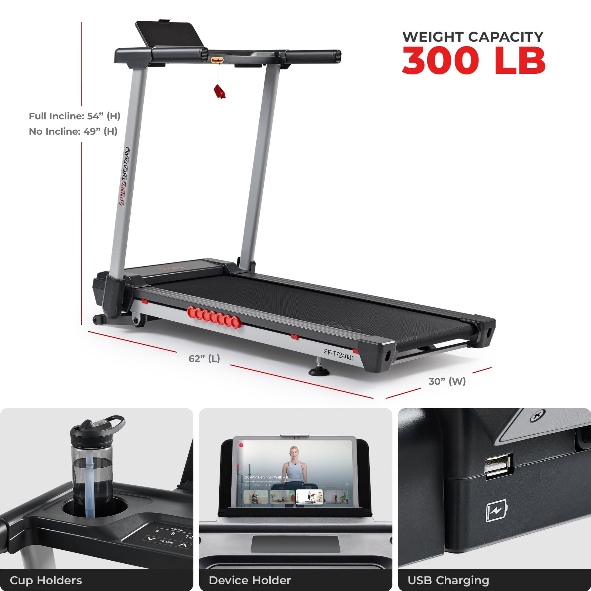 Sunny Health & Fitness Pace 500 Smart Auto Incline Treadmill with Wi-Fi Connectivity
