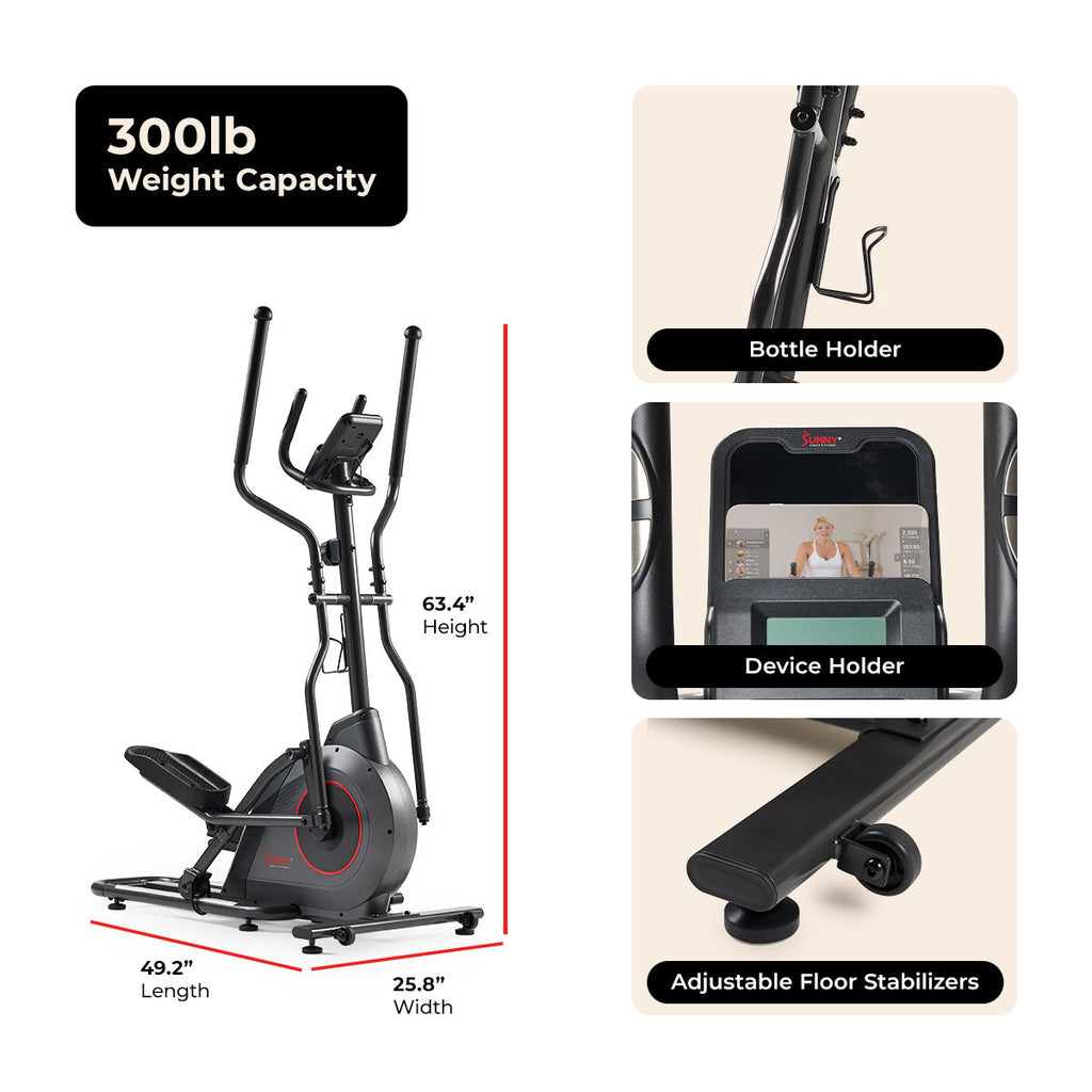Sunny Health & Fitness Ultra Silent Smart Elliptical Exerciser with 16” Long Stride Training Machine