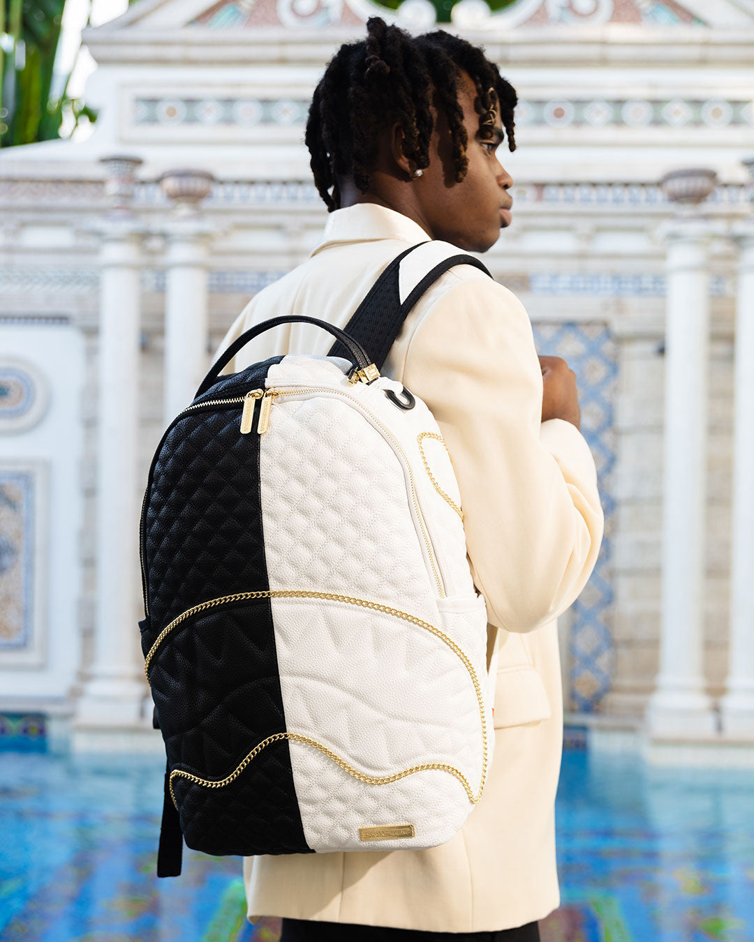 SPRAYGROUND LEVELED UP SPLIT QUILT SHARK BACKPACK (DLXV)