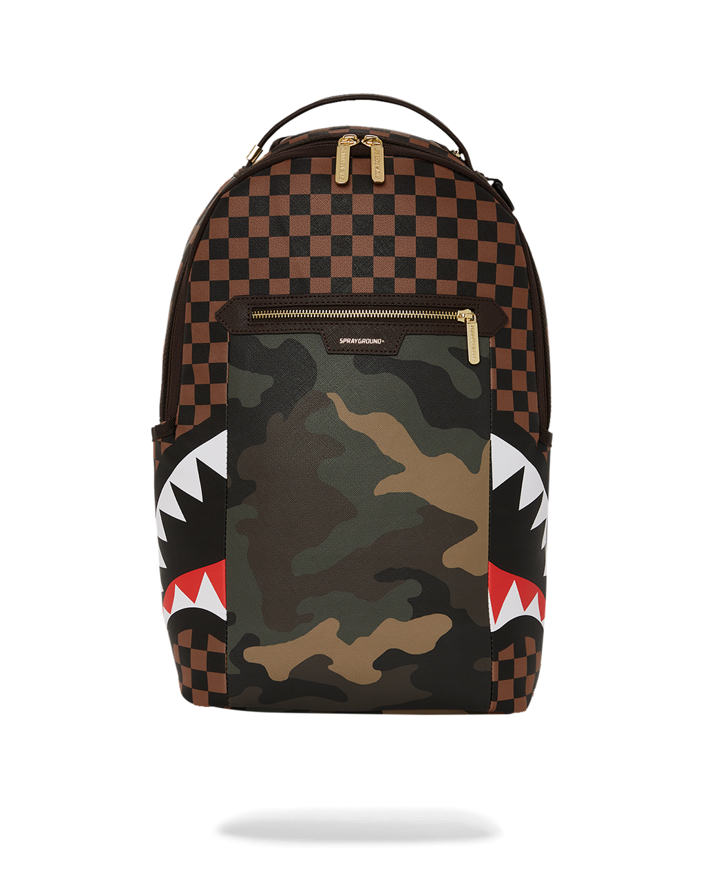 SPRAYGROUND EXTERIOR GOLD ZIP POCKET SHARKS IN PARIS BACKPACK (DLXV)