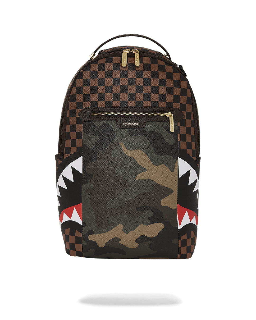 SPRAYGROUND EXTERIOR GOLD ZIP POCKET SHARKS IN PARIS BACKPACK (DLXV)