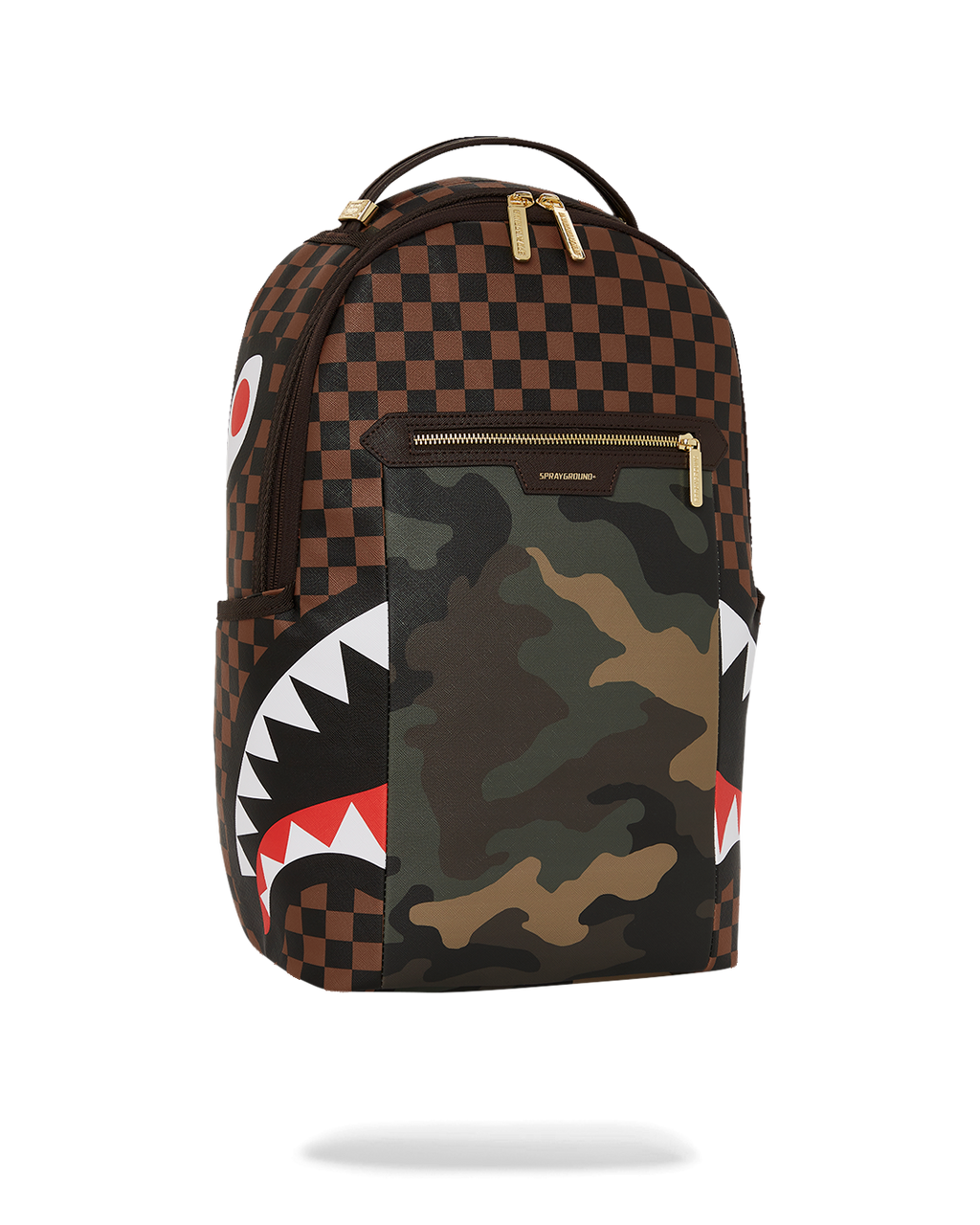 SPRAYGROUND EXTERIOR GOLD ZIP POCKET SHARKS IN PARIS BACKPACK (DLXV)