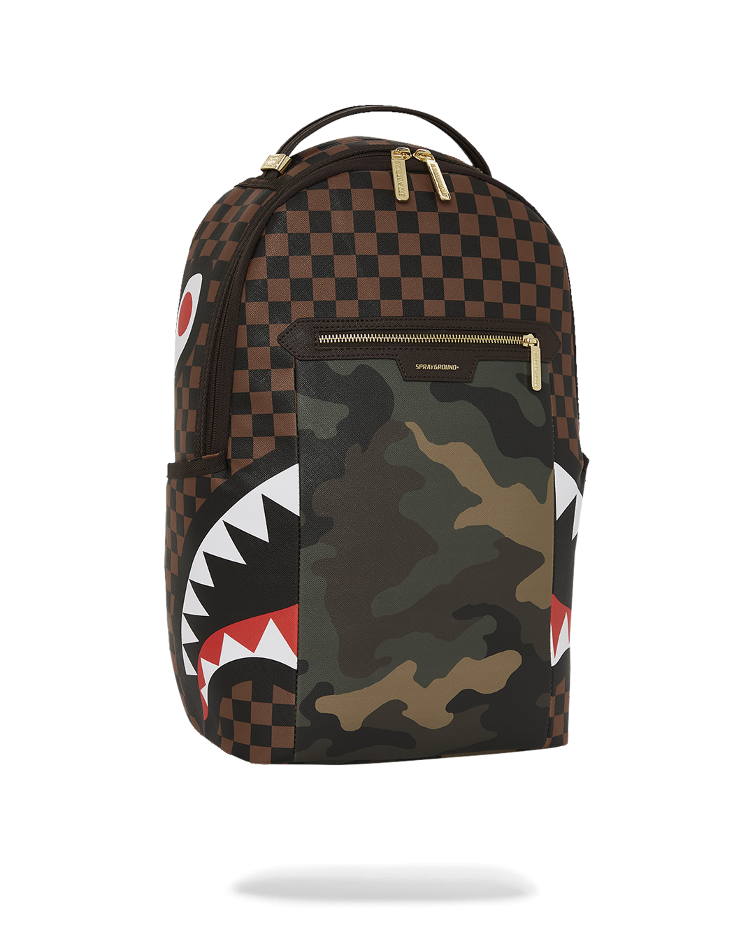 SPRAYGROUND EXTERIOR GOLD ZIP POCKET SHARKS IN PARIS BACKPACK (DLXV)
