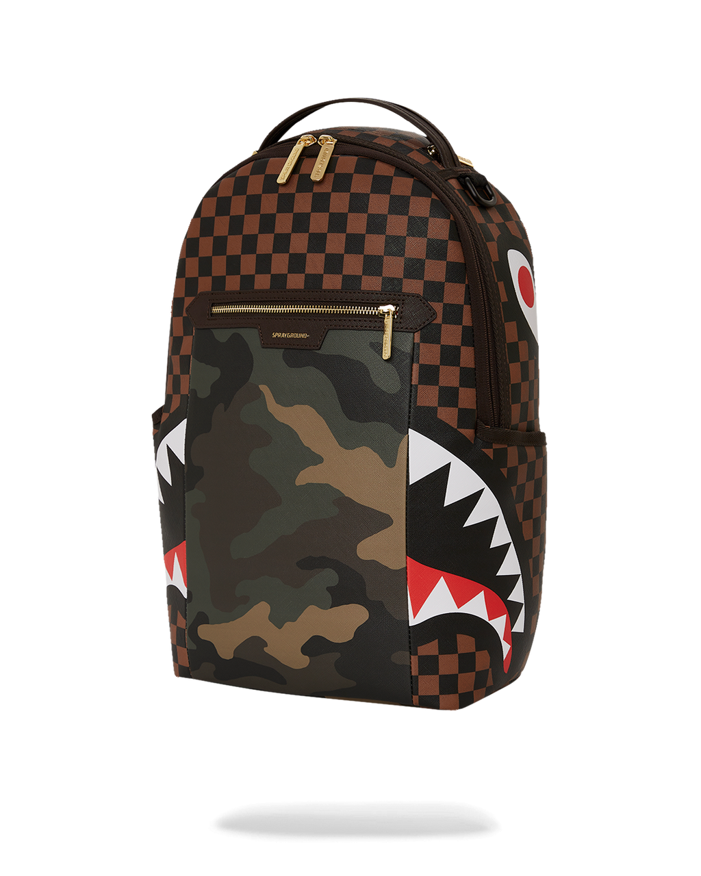 SPRAYGROUND EXTERIOR GOLD ZIP POCKET SHARKS IN PARIS BACKPACK (DLXV)