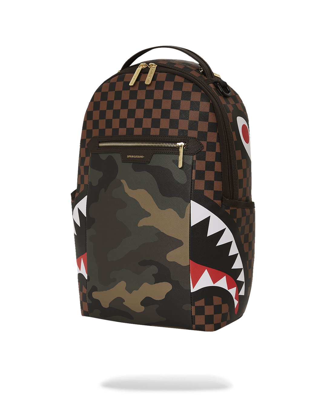 SPRAYGROUND EXTERIOR GOLD ZIP POCKET SHARKS IN PARIS BACKPACK (DLXV)