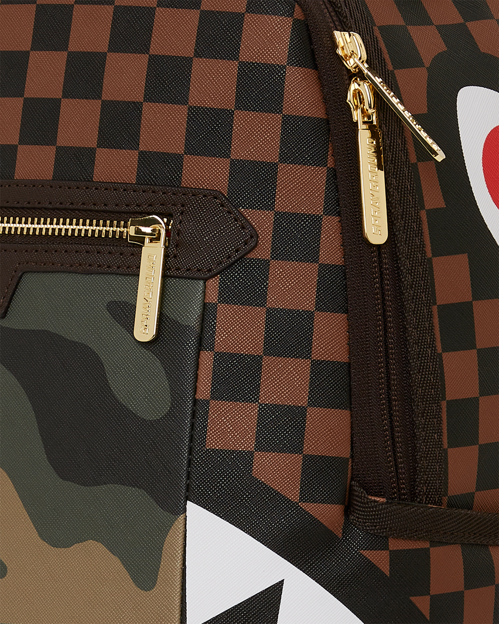 SPRAYGROUND EXTERIOR GOLD ZIP POCKET SHARKS IN PARIS BACKPACK (DLXV)