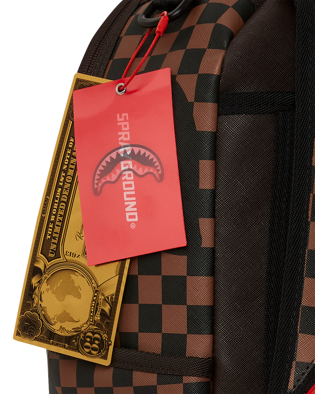 SPRAYGROUND EXTERIOR GOLD ZIP POCKET SHARKS IN PARIS BACKPACK (DLXV)