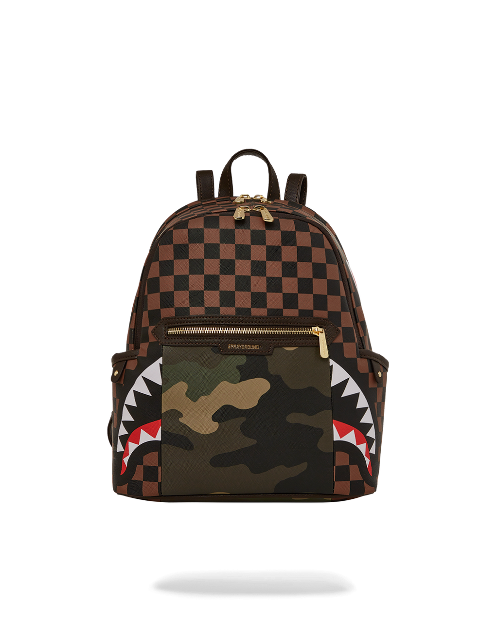 SPRAYGROUND EXTERIOR GOLD ZIP POCKET SHARKS IN PARIS SAVAGE BACKPACK