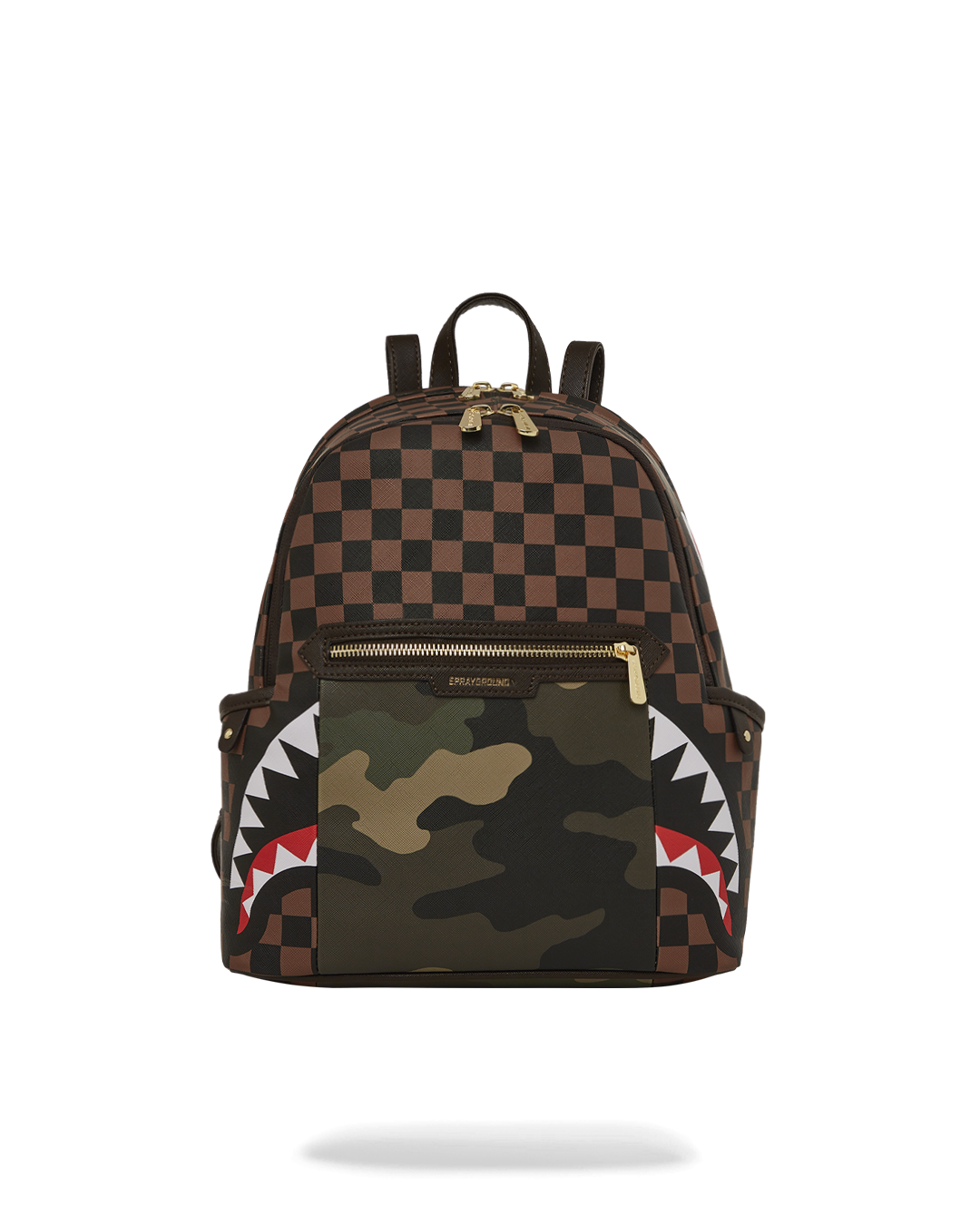 SPRAYGROUND EXTERIOR GOLD ZIP POCKET SHARKS IN PARIS SAVAGE BACKPACK