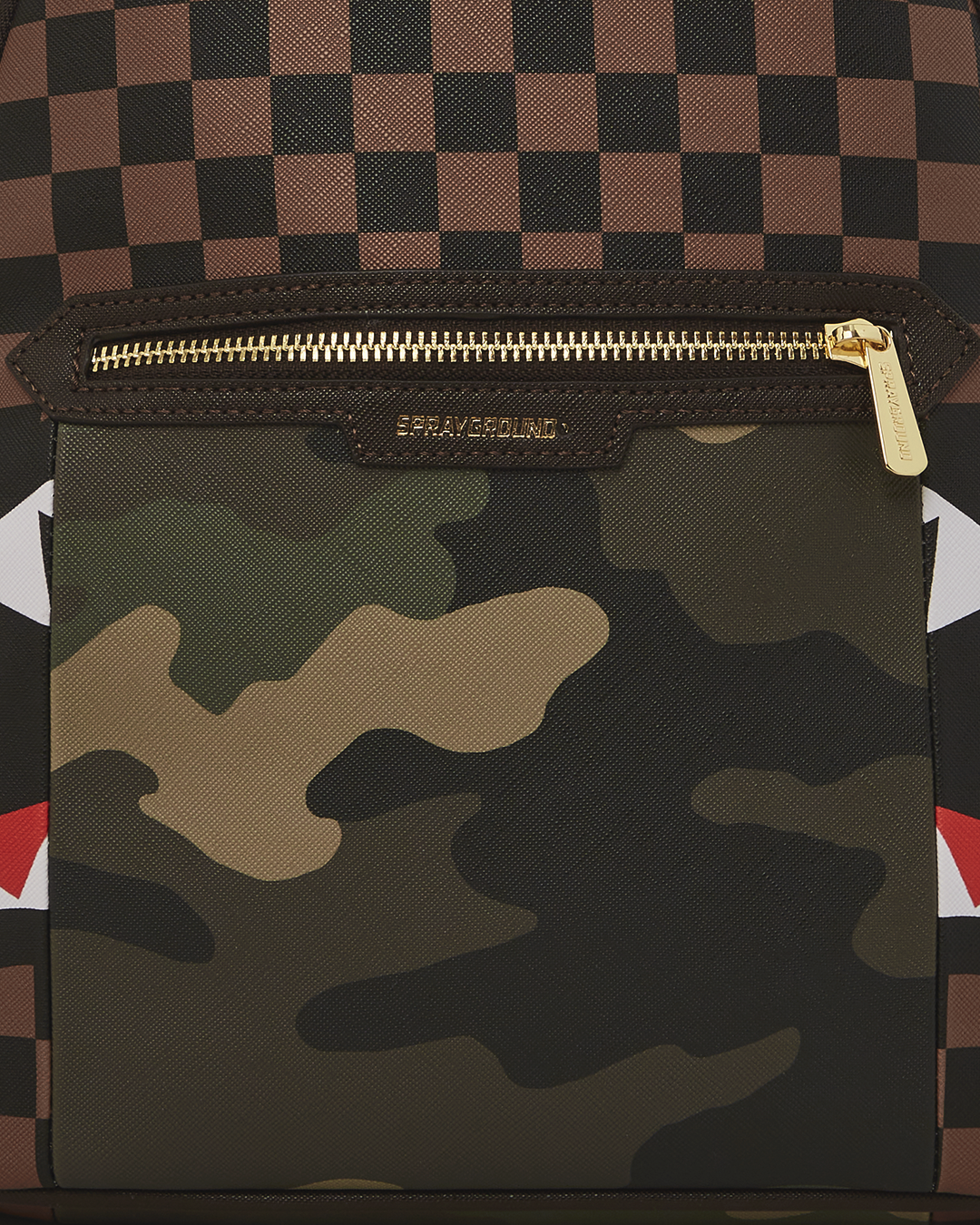 SPRAYGROUND EXTERIOR GOLD ZIP POCKET SHARKS IN PARIS SAVAGE BACKPACK
