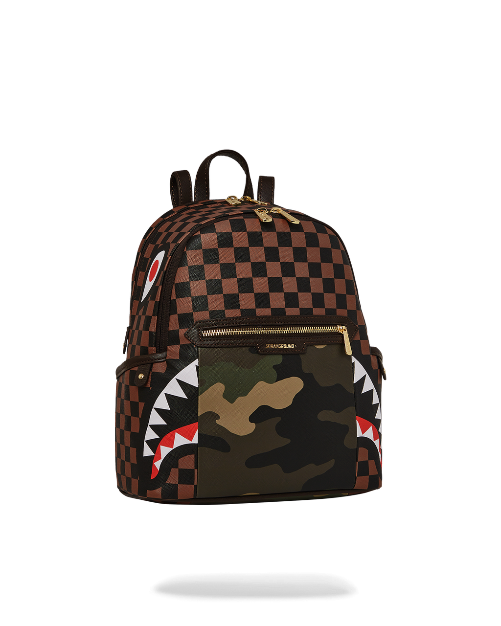 SPRAYGROUND EXTERIOR GOLD ZIP POCKET SHARKS IN PARIS SAVAGE BACKPACK