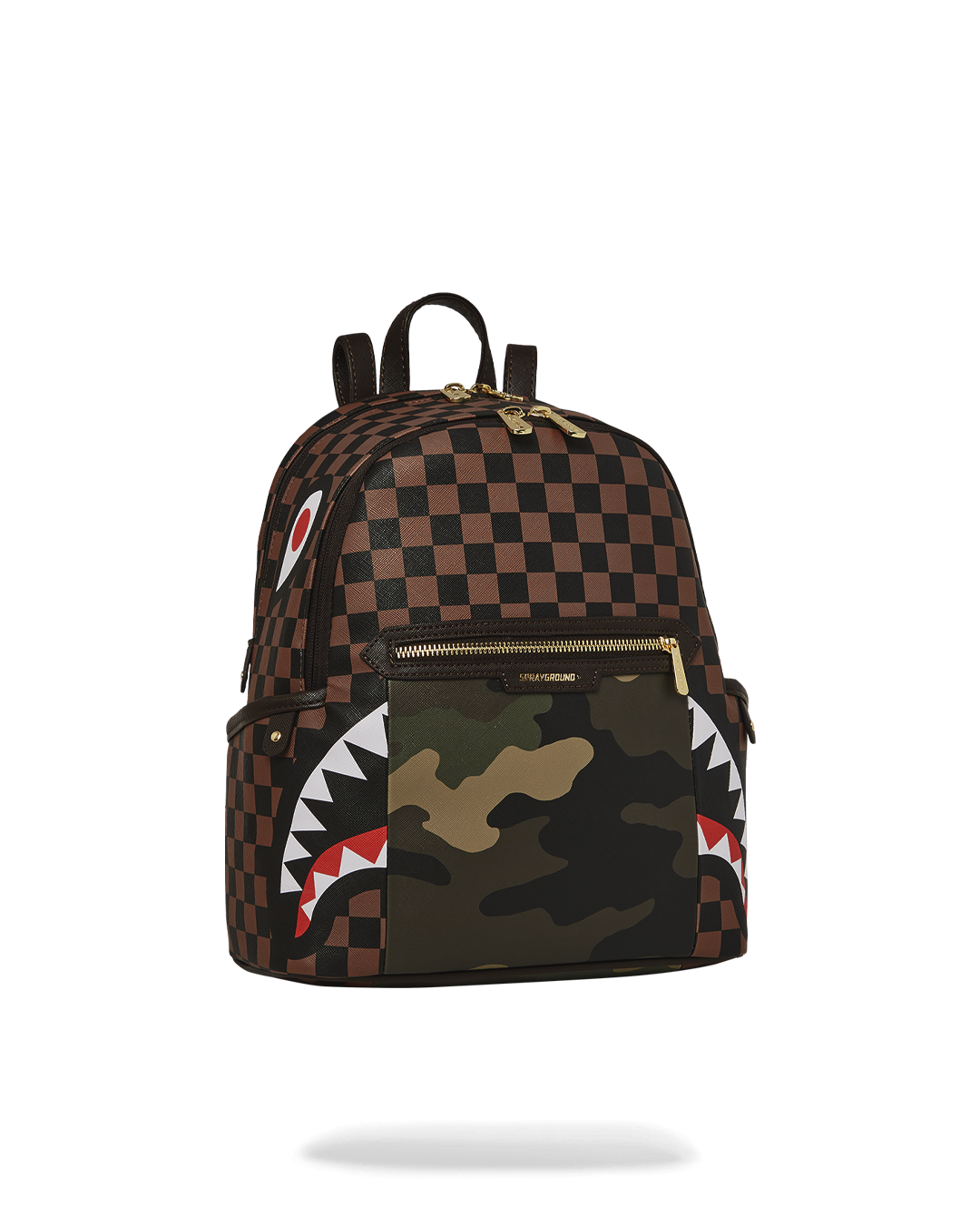 SPRAYGROUND EXTERIOR GOLD ZIP POCKET SHARKS IN PARIS SAVAGE BACKPACK