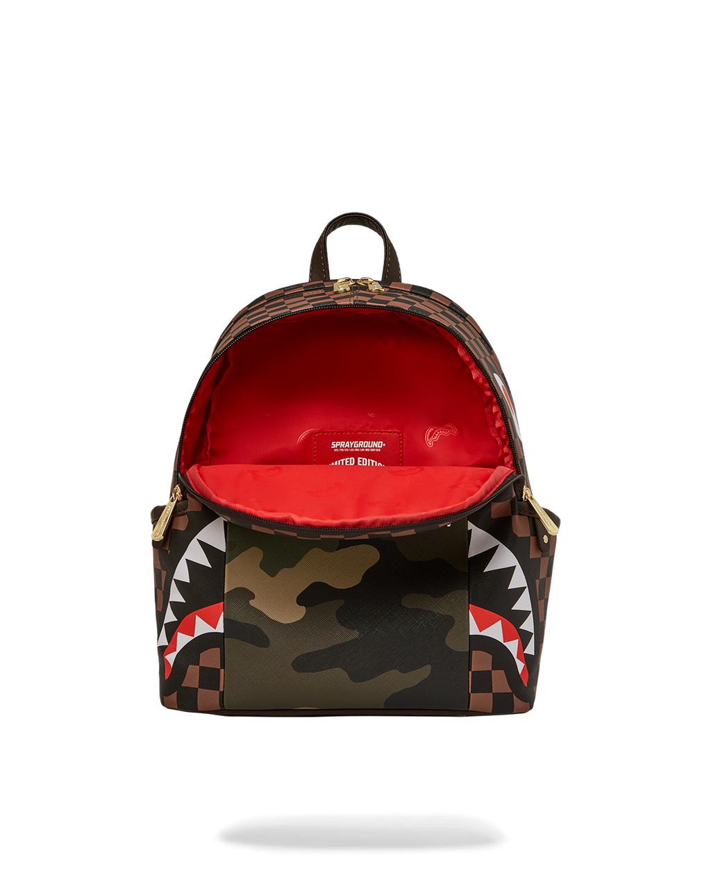 SPRAYGROUND EXTERIOR GOLD ZIP POCKET SHARKS IN PARIS SAVAGE BACKPACK