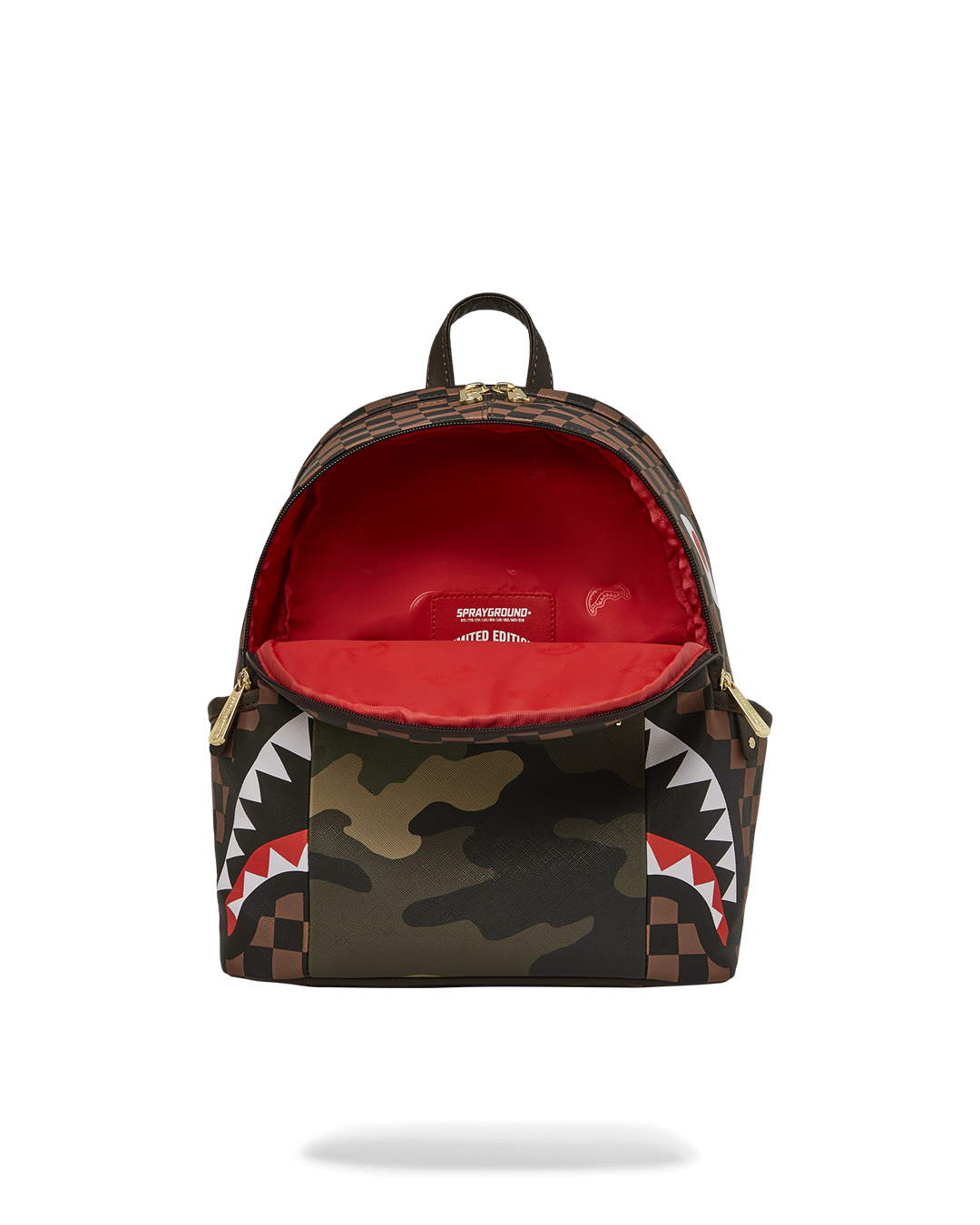 SPRAYGROUND EXTERIOR GOLD ZIP POCKET SHARKS IN PARIS SAVAGE BACKPACK