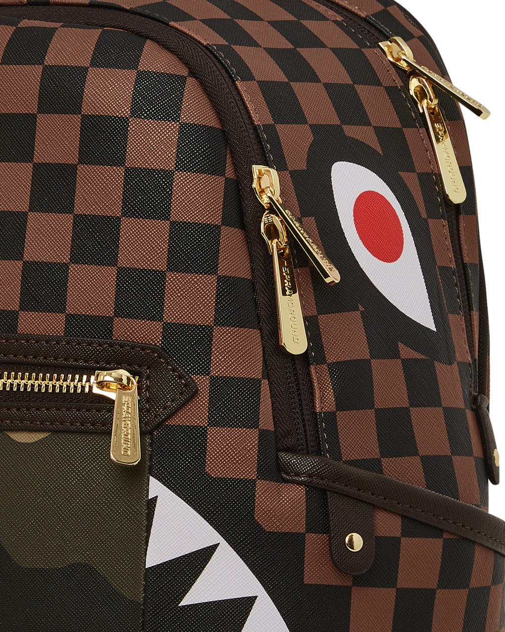 SPRAYGROUND EXTERIOR GOLD ZIP POCKET SHARKS IN PARIS SAVAGE BACKPACK