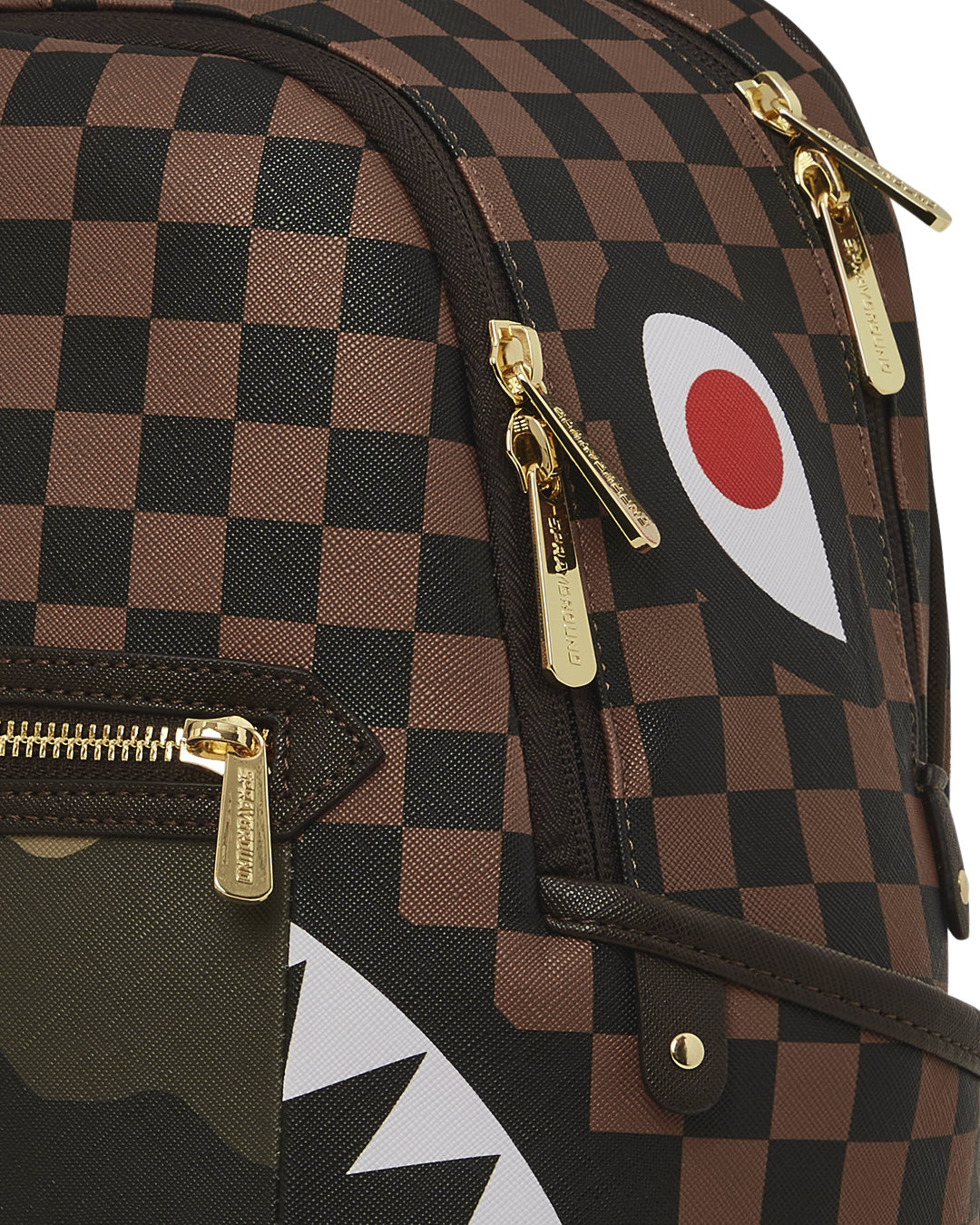 SPRAYGROUND EXTERIOR GOLD ZIP POCKET SHARKS IN PARIS SAVAGE BACKPACK