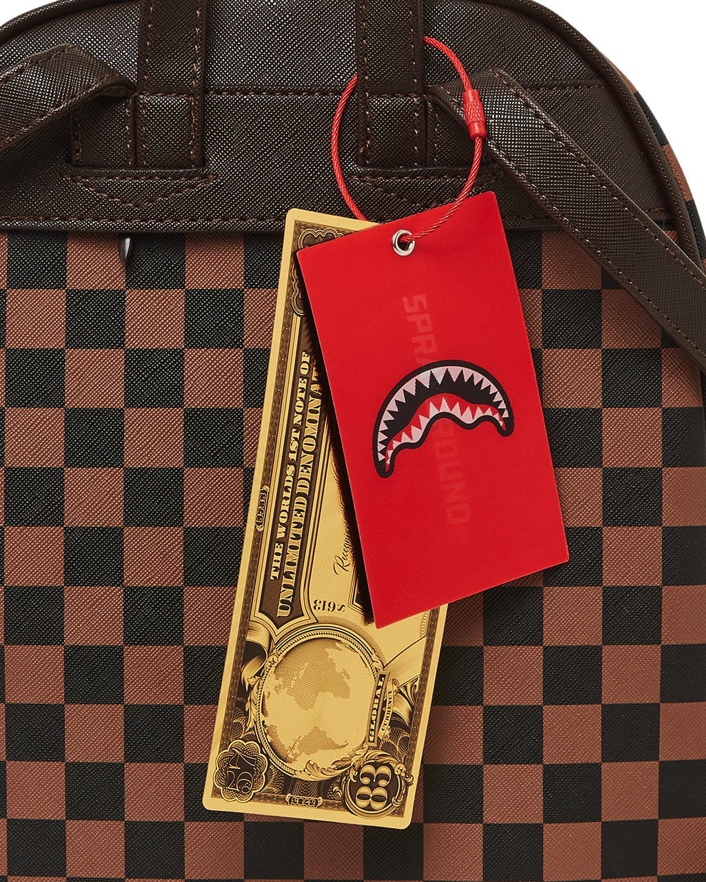 SPRAYGROUND EXTERIOR GOLD ZIP POCKET SHARKS IN PARIS SAVAGE BACKPACK