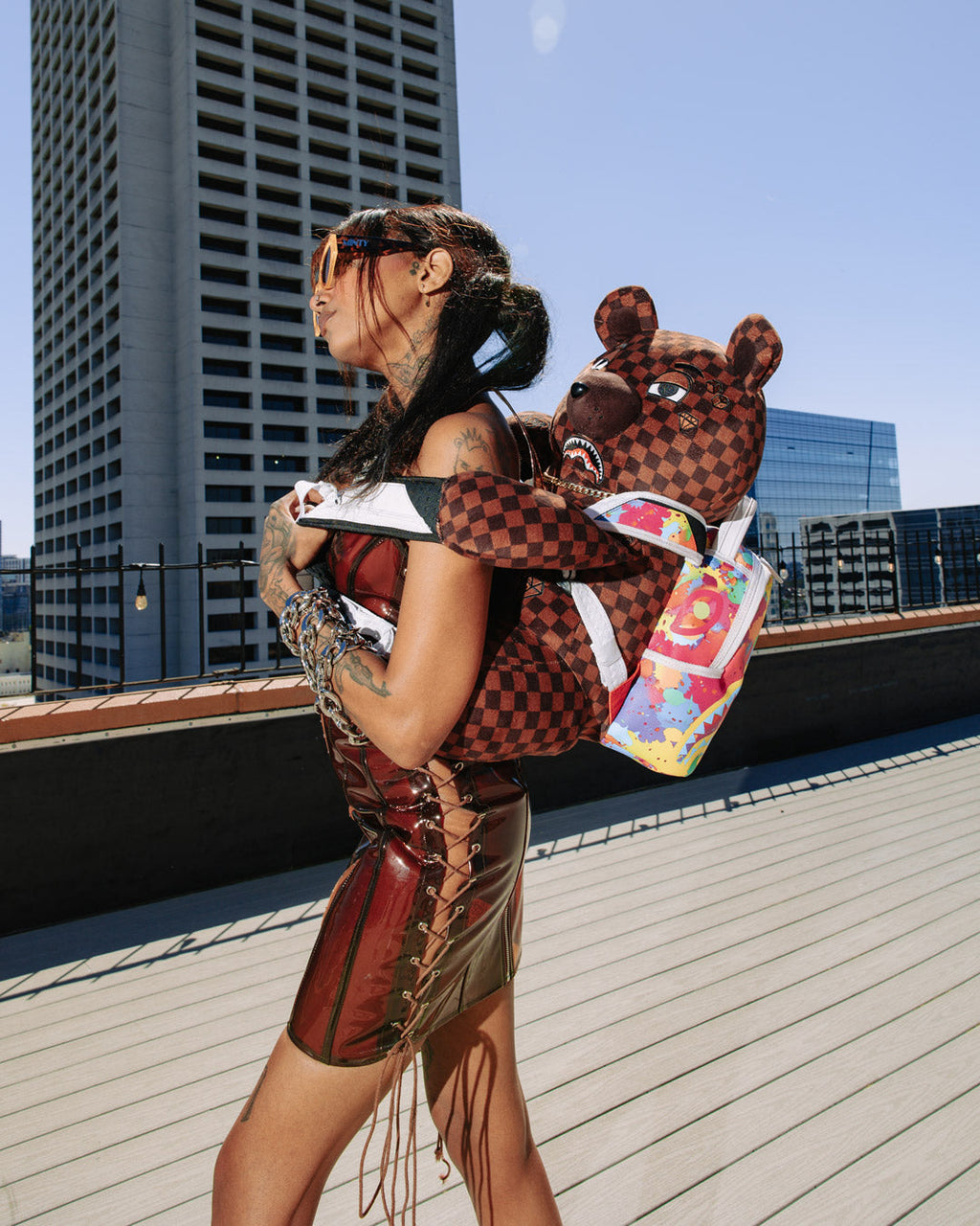 SPRAYGROUND BEAR WEARING BACKPACK AS A BACKPACK