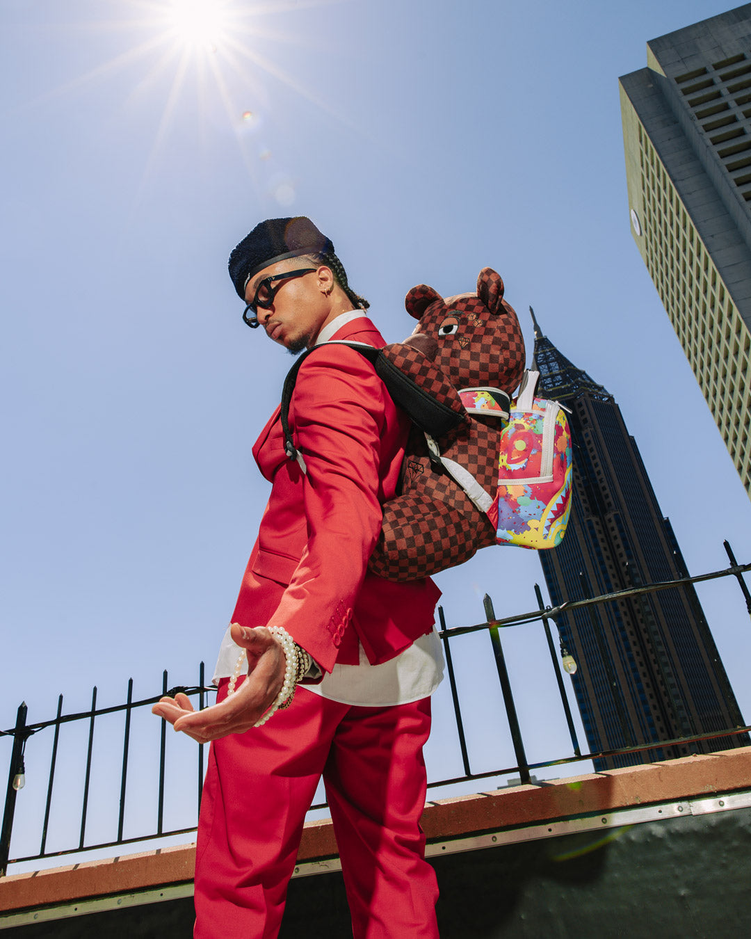 SPRAYGROUND BEAR WEARING BACKPACK AS A BACKPACK