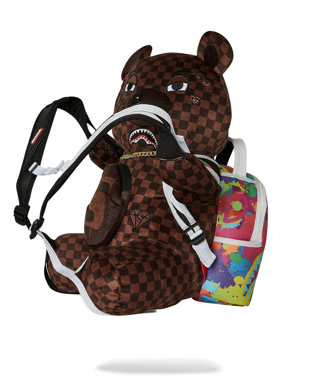 SPRAYGROUND BEAR WEARING BACKPACK AS A BACKPACK