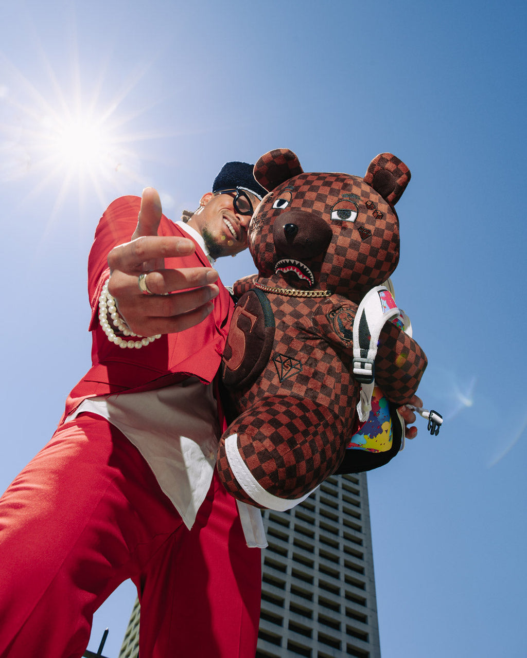 SPRAYGROUND BEAR WEARING BACKPACK AS A BACKPACK