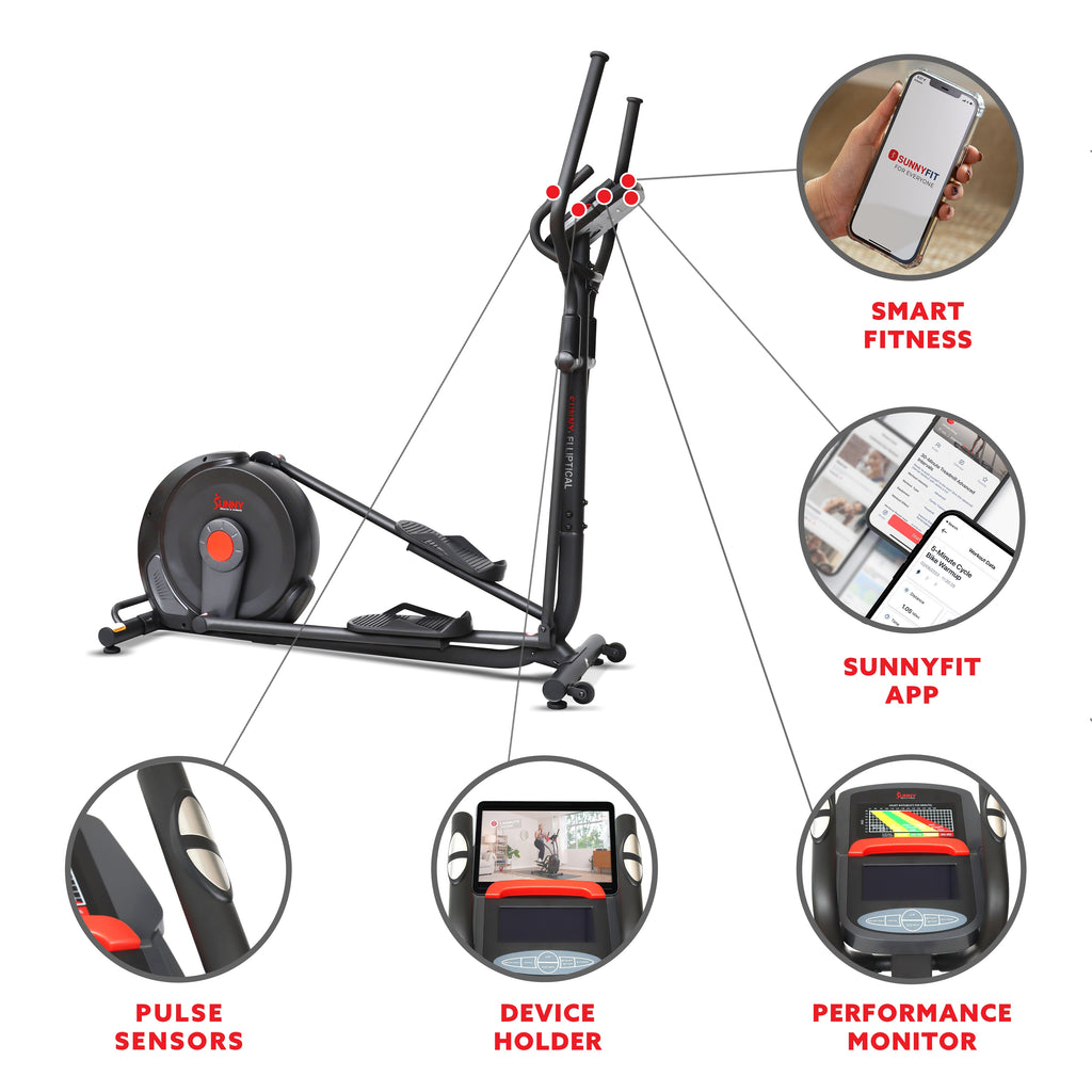 Sunny Health & Fitness Power Stride Smart Electro-Magnetic Elliptical Machine with 18" stride length