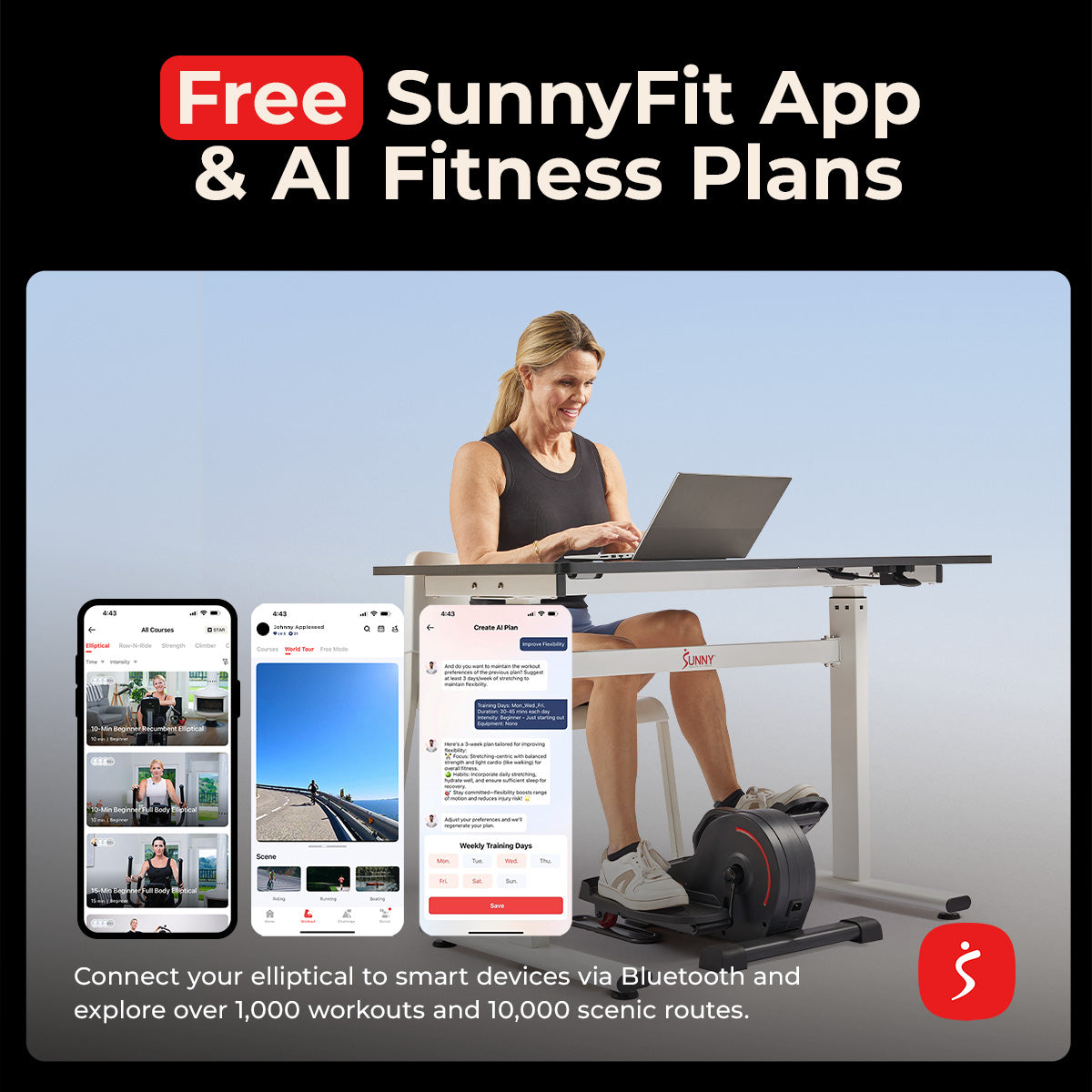 Sunny Health & Fitness Smart Motorized Under Desk Mini Elliptical