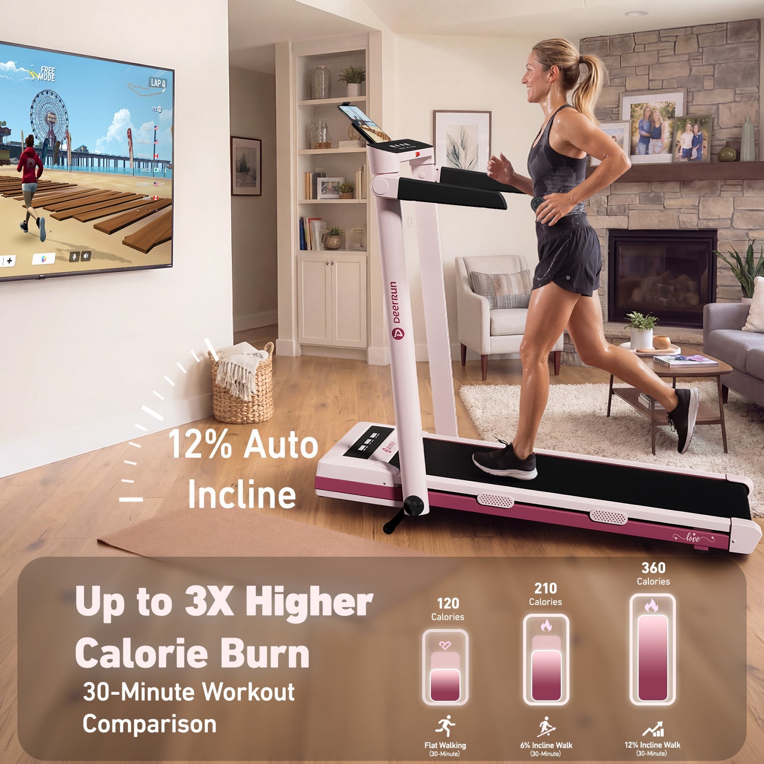 DeerRun Z10 Pro Rose Pink | 12% Auto Incline Treadmill