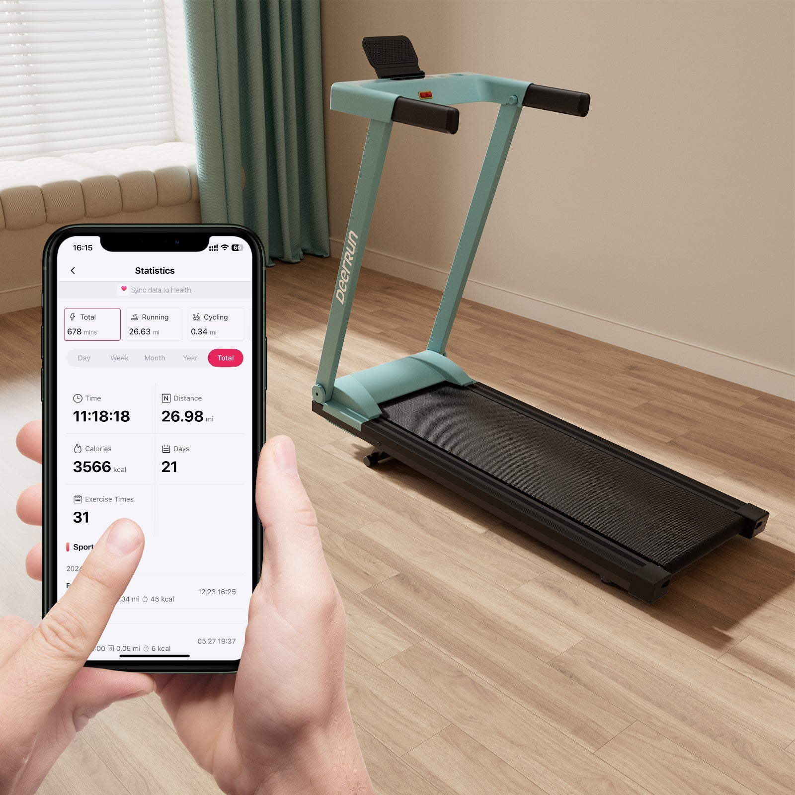 DeerRun All-New 2026 A1 Pro Move+ 6% Incline Foldable Treadmill——Upgraded Chip & NFC Support | 350 lbs, 10 mph Mint Green