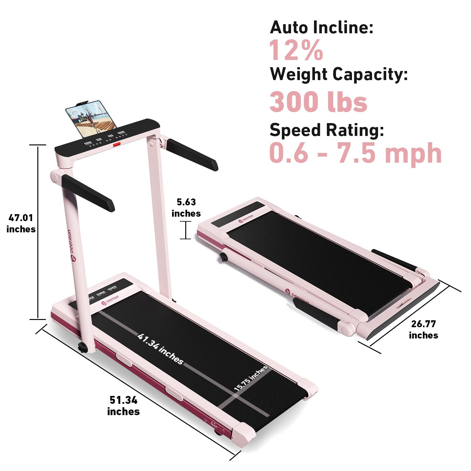 DeerRun Z10 Pro Rose Pink | 12% Auto Incline Treadmill
