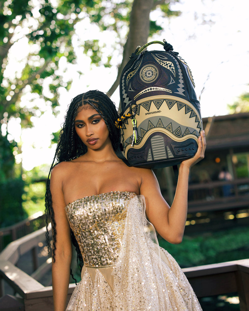 SPRAYGROUND A.I. AFRICAN INTELLIGENCE SHARKS OF THE GOLD OCEAN BACKPACK - SANDFLOWER COLLAB