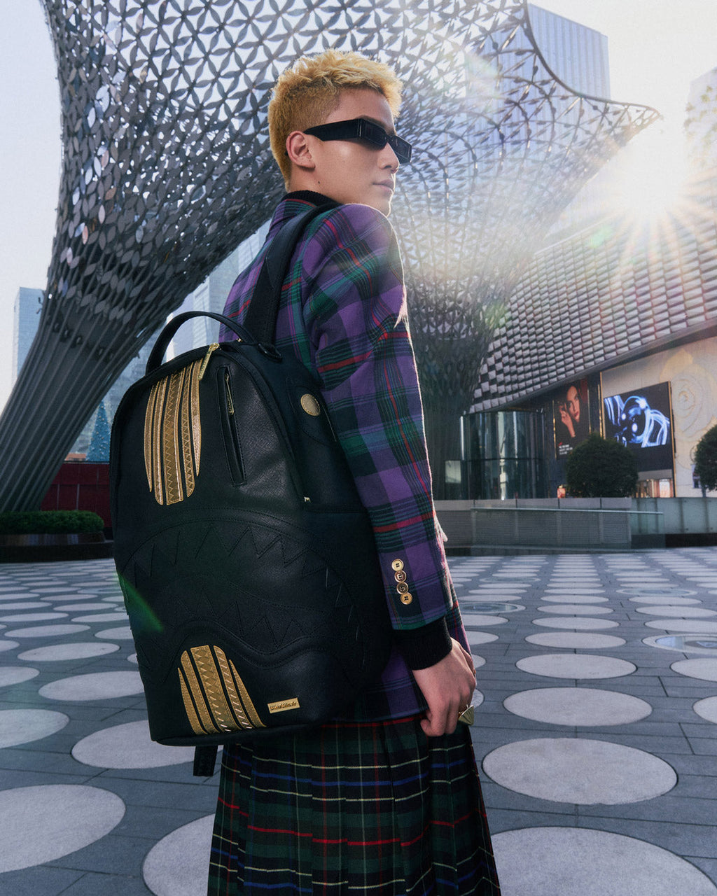 SPRAYGROUND GOLD AND BLACK RACING STRIPES BACKPACK