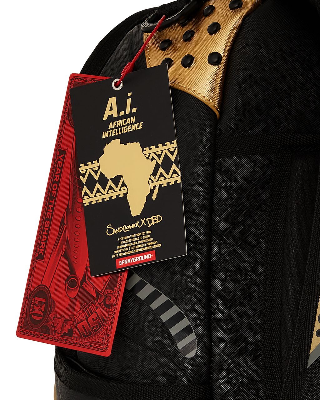 SPRAYGROUND A.I. AFRICAN INTELLIGENCE SHARKS OF THE GOLD OCEAN BACKPACK - SANDFLOWER COLLAB