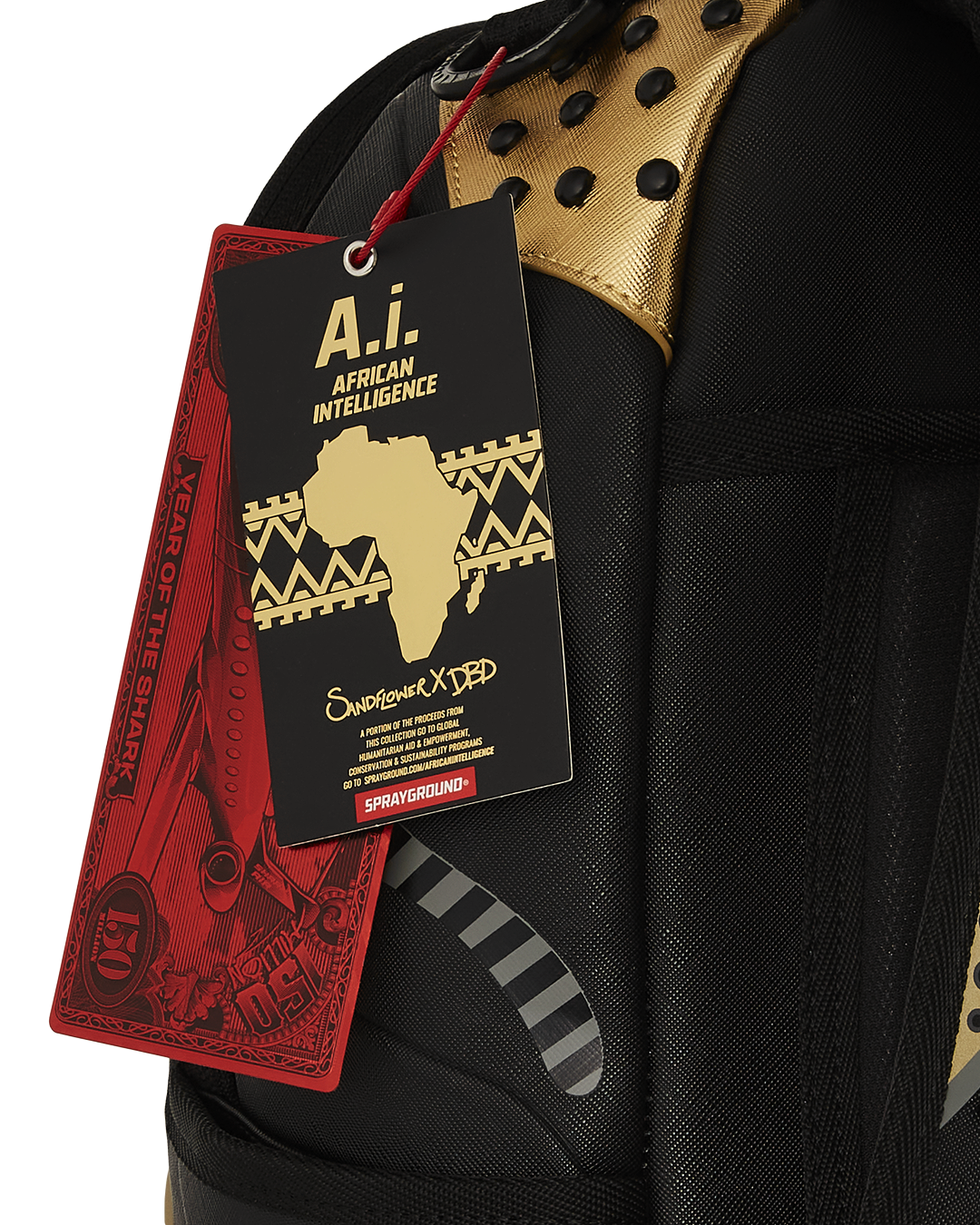 SPRAYGROUND A.I. AFRICAN INTELLIGENCE SHARKS OF THE GOLD OCEAN BACKPACK - SANDFLOWER COLLAB