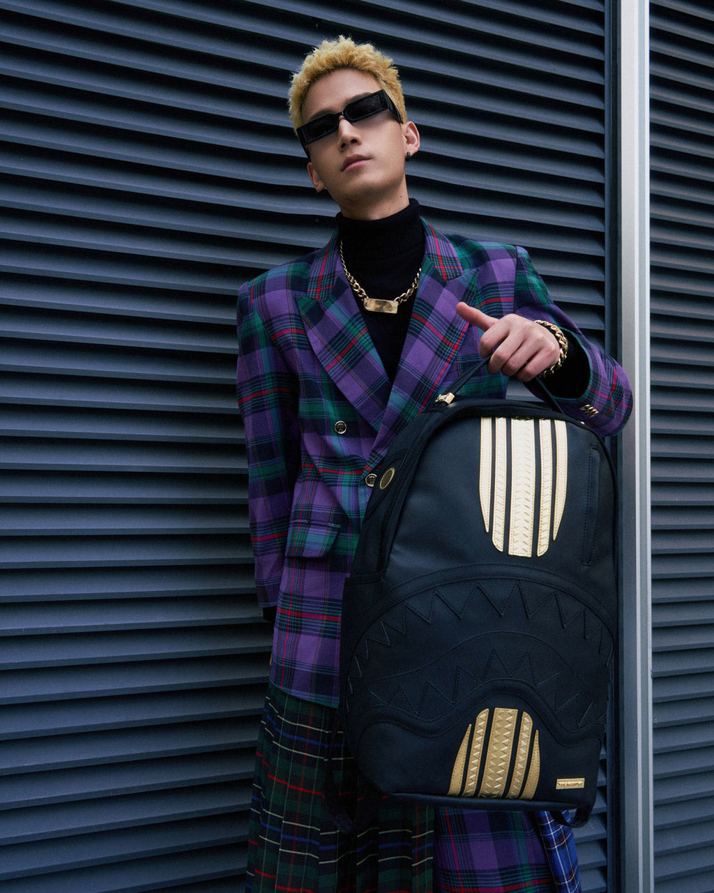 SPRAYGROUND GOLD AND BLACK RACING STRIPES BACKPACK