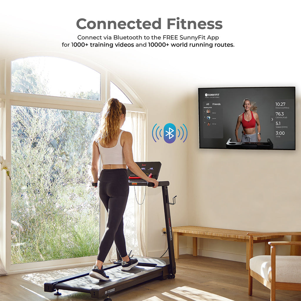 Sunny Health & Fitness Slim Interactive Auto Incline Smart Foldable Treadmill