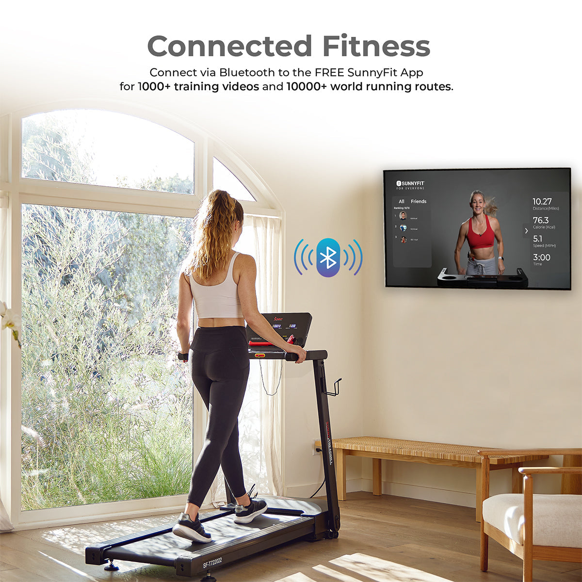 Sunny Health & Fitness Slim Interactive Auto Incline Smart Foldable Treadmill
