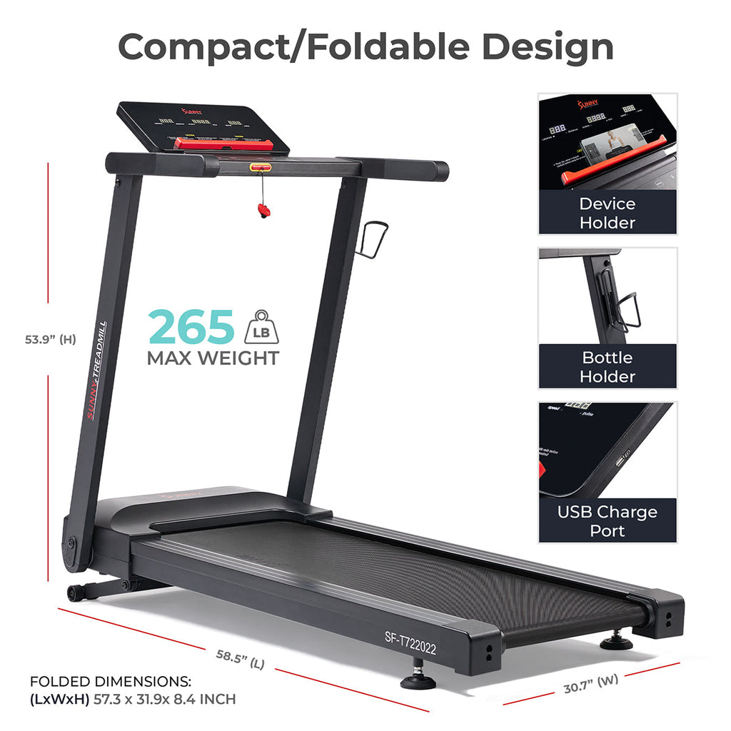 Sunny Health & Fitness Slim Interactive Auto Incline Smart Foldable Treadmill