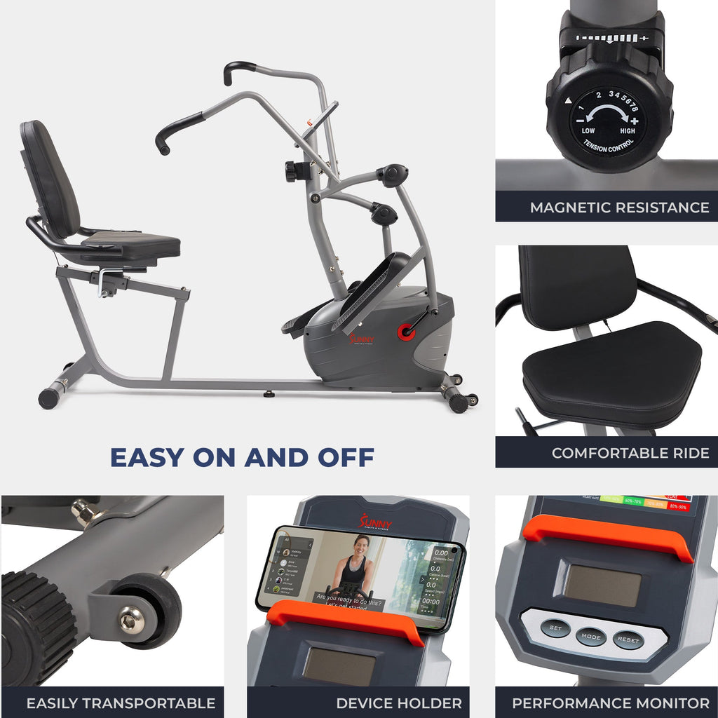 Sunny Health & Fitness Performance Smart Magnetic Recumbent Elliptical Cross Trainer