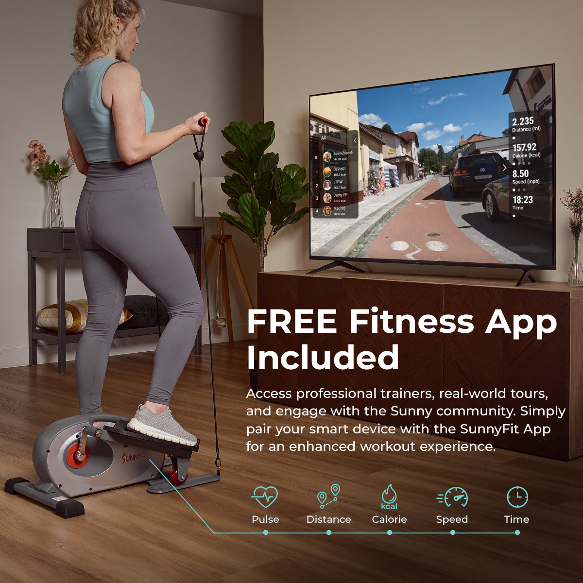 Sunny Health & Fitness Smart Stand/Sit Mini Elliptical Exercise Trainer with Resistance Bands