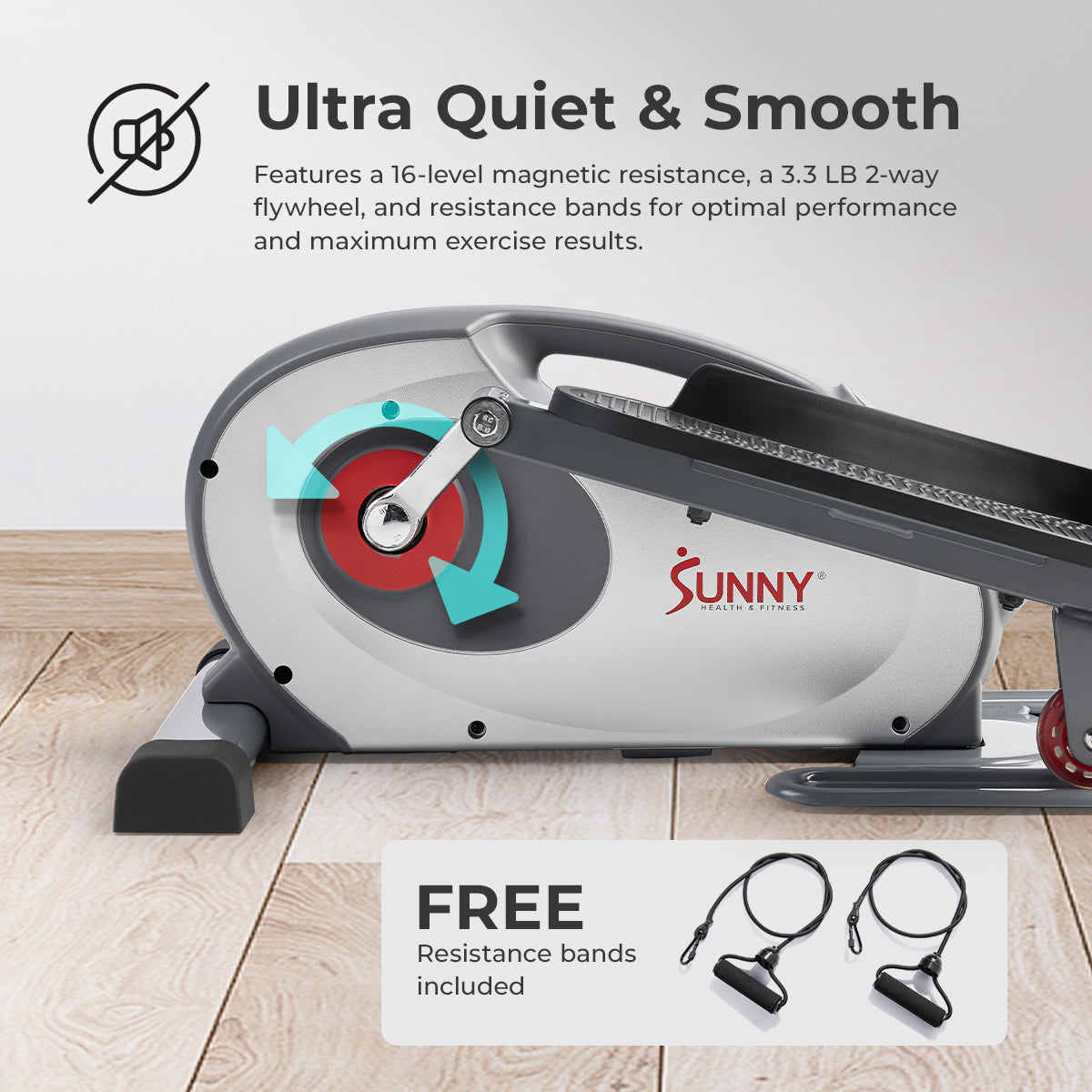 Sunny Health & Fitness Smart Stand/Sit Mini Elliptical Exercise Trainer with Resistance Bands