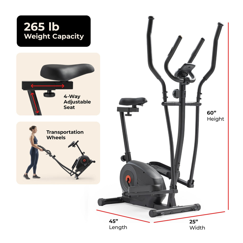 Sunny Health & Fitness Essential Magnetic Resistance 2-in-1 Cross Trainer Elliptical Bike