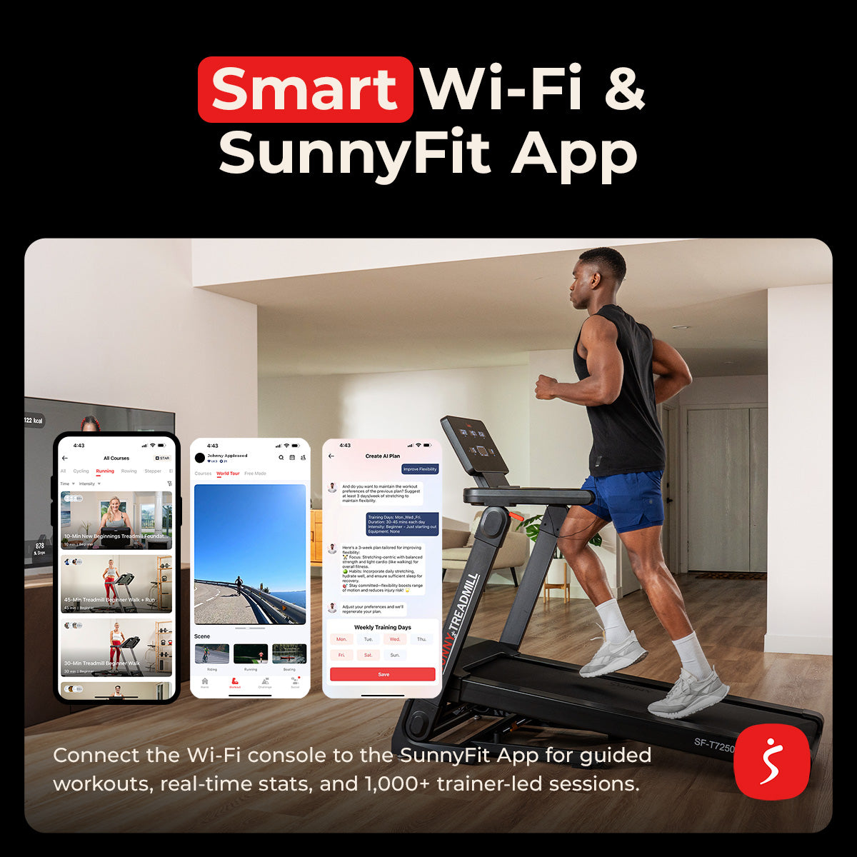 Sunny Health & Fitness Platinum Smart One-Click Fold Wi-Fi Treadmill with Auto Incline