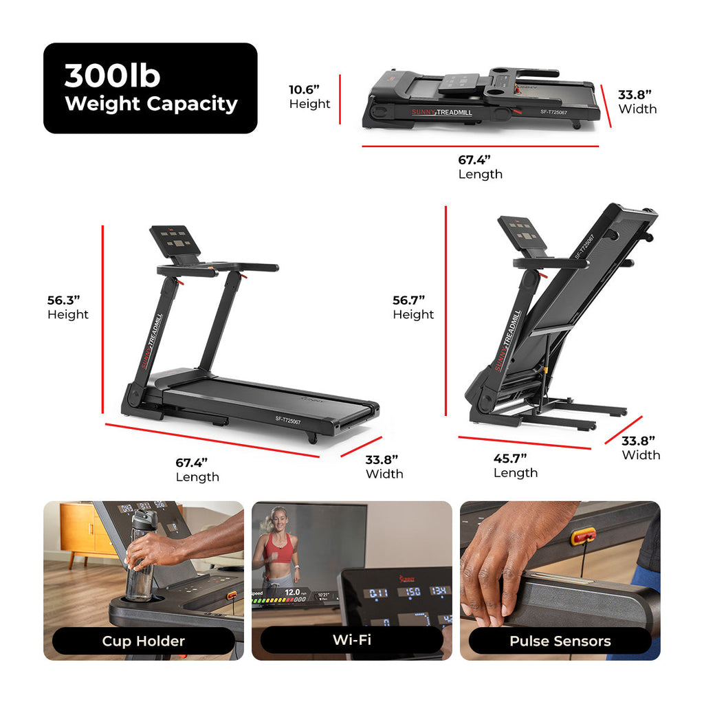 Sunny Health & Fitness Platinum Smart One-Click Fold Wi-Fi Treadmill with Auto Incline