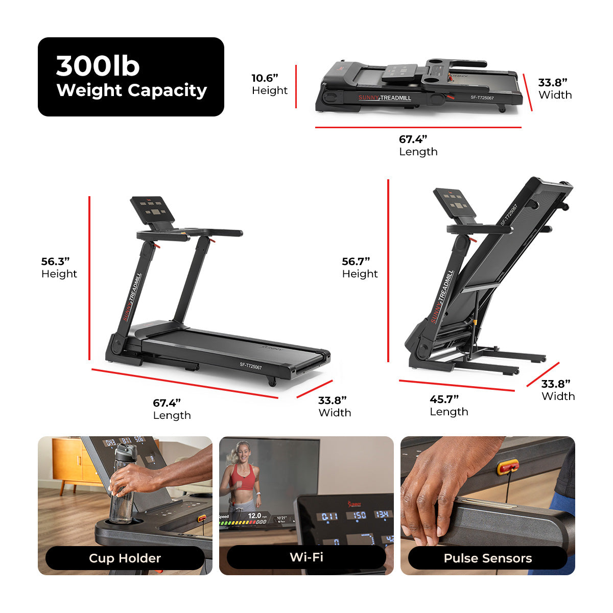 Sunny Health & Fitness Platinum Smart One-Click Fold Wi-Fi Treadmill with Auto Incline