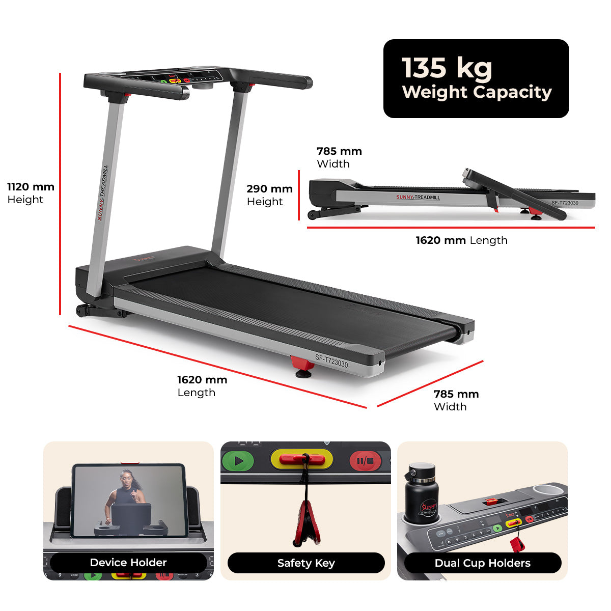 Sunny Health & Fitness OneClick-Fold 20" Smart Auto Incline Treadmill With No Assembly Required